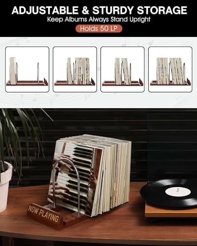 BS-VOG Now Playing Vinyl Record Stand, 50 LP Vinyl Record Storage with Non-slip Grooves, Wood Now Spinning Vinyl Record Holder for Albums Magazine Rack Magazine Organizer Record Display, Gift Package