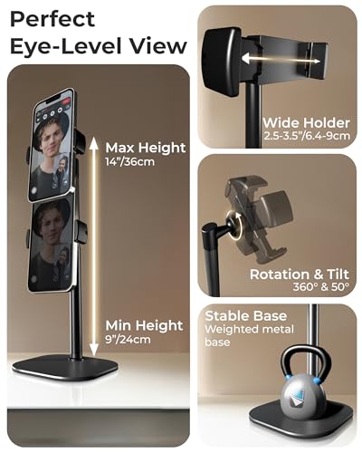 Cooper Chat Stand, Height Adjustable Cell Phone Stand for Desk | Rotating, Tilting Cell Phone Holder for Desk with 9-14" Eye-Level View | Metal Cell Phone Tripod Stand, Phone Accessories (Night Black)