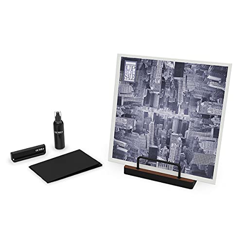 Victrola 'The Kit' - A Vinyl Record Cleaning Kit, Doubles as a Record Stand, Includes Anti-Static Brush, Cleaning Solution, Cloth, Espresso Wood Finish Stand with Smart Black Metal Accents