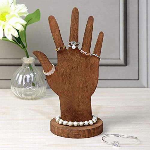 MOOCA 6 Pcs Set Real Wooden Hand Form Jewelry Display, 2-Way Design for Wall Hanging or Standalone Mannequin Finger Hand Display, Premium Real Wood Sturdy Base, Brown Color