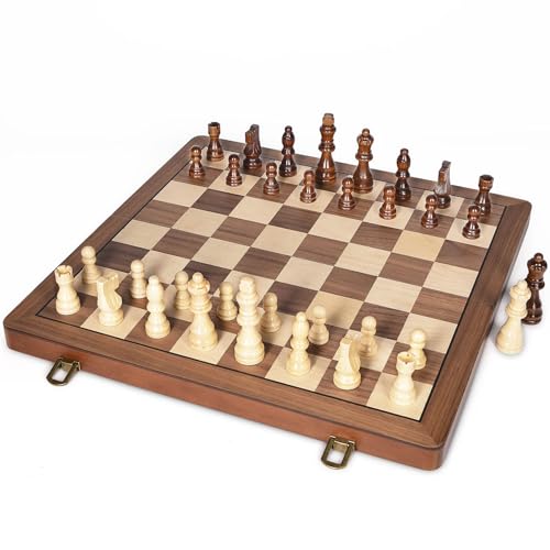 ELONGDI 15" Wooden Chess Set with Magnetic Pieces - Extra Queens - Folding Chessboard Portable Travel Tournament Chess Board Games for Adults Kids