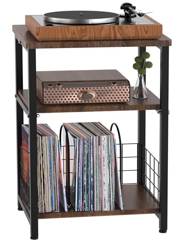 Tuohours Record Player Stand, 3 Tier End Side Table with Vinyl Record Storage Basket, Turntable Table up to 100 Albums Record Shelf Display Holder Cabinet for Living Room, Bedroom, Office