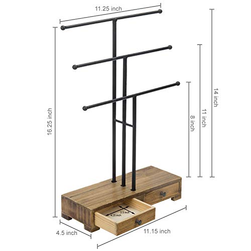 MyGift 3-Tier Black Metal T-Bar Jewelry Necklace Display Stand with Wooden Base & Ring Drawers