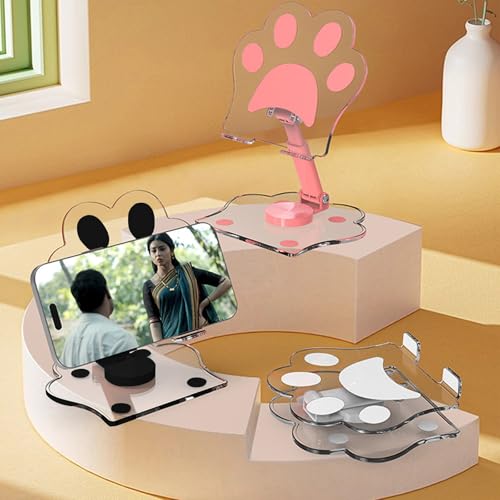 XIYIASUN Cat Paw Acrylic Tablet Stand for Desk,Multi-Angle Adjustable Clear Tablet Holde，360° Rotating Mobile Tablet Stand for Desk Home Office, Compatible