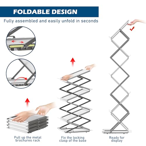 6 Pockets Foldable Aluminum Magazine Rack - Brochure Display Stand, Brochure Catalog Literature Display Stand with Carrying Bag for Exhibition, Trade Show, Office, Retail Store