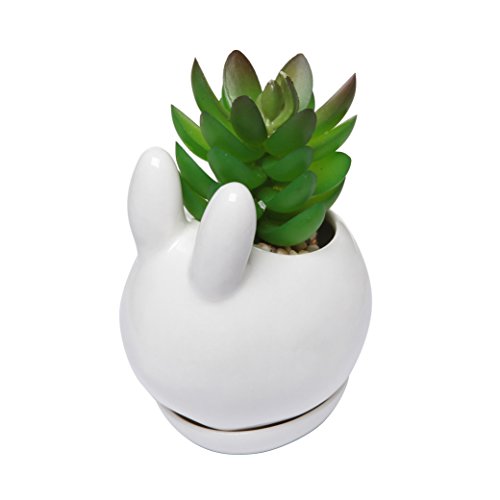 MyGift Mini Ceramic Bunny Planter, Decorative Rabbit Design White Small Flower Pot Succulent Planter with Detached Saucer