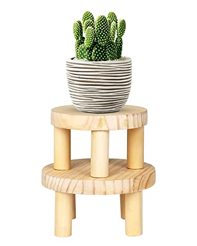 Small Wood Plant Stand Stool - 2 Pack Mini Wooden Plant Display Stand Stool, Round Modern Succulents Plant Stand Riser Holder, Flower Pot Wooden Shelf Stand, Garden Decorative Plant Stand Indoor Outdoor