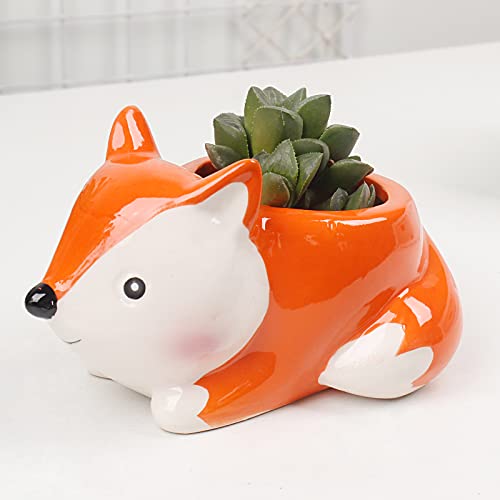 Mumutie Cartoon Fox Succulent Flower Pot, Ceramic Fox Shape Flower Pot, Cute Plant Decoration Flower Pot for Desk, Fun Plant Container, Home Desk Mini Animal Flower Pot Decoration