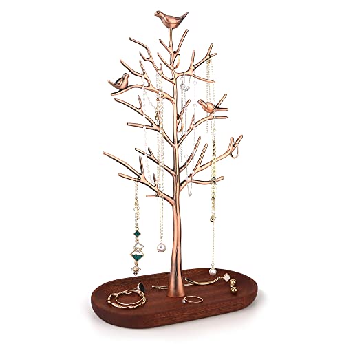 MORE&LESS Branch Jewelry Rack with wood tray,Retro color,Tree Tower Rack Hanging Organizer for Ring Earrings Necklace Bracelet,Suitable for living rooms, bathrooms,offices,etc.