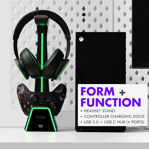 Tilted Nation Headphone and Controller Stand | Xbox Controller and Headset Stand | Gaming Headphone Stand with Wireless Controller Holder Charging, RGB Lighting for Desk Game Room Decor, and USB Hub