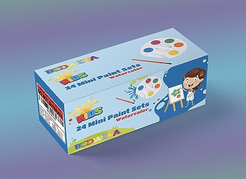 Bedwina Mini Watercolor Kids Paint Set - (Bulk Pack of 24) - 5 Watercolor Paints, Palette Tray and Painting Brush, for Art Party Favors and Paint Party Supplies