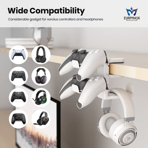 3-in-1 PC Gaming Headset&Controller Holder - EURPMASK Headphone Stand w/Adjustable Clamp&2 Controller Holder&Rotating Arm&Cable Organizer, Universal PC Gaming Accessory Controller Headset Stand-White