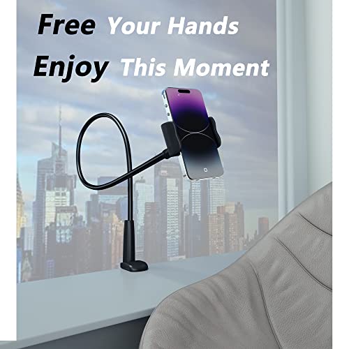 Cell Phone Clip Bed Stand Holder, with Grip Flexible Long Arm Gooseneck Bracket Mount Clamp for Desk, Compatible with iPhone 14 Pro Max XR X 8 7 6 or Other 3.5-7" Devices (Black)