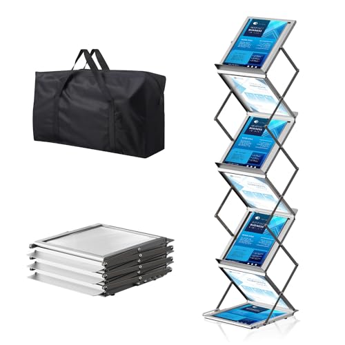 6 Pockets Foldable Aluminum Magazine Rack - Brochure Display Stand, Brochure Catalog Literature Display Stand with Carrying Bag for Exhibition, Trade Show, Office, Retail Store