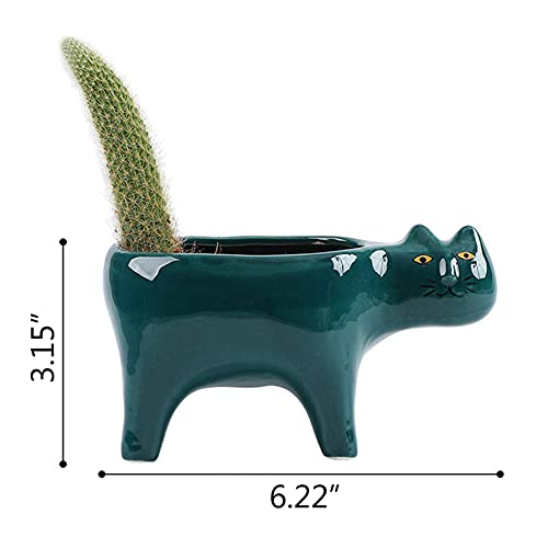 DIYOMR Cat Planter Animal Succulent Pots, Ceramic Cat Mini Flower Pots Cactus/Plants Containers for Home Office Desk Windowsill Decor, Plants Not Included (Dark Green)