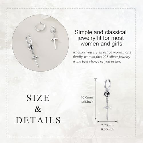 Sword Hoop Earrings 925 Sterling Silver Sword Drop Earrings Rose Flower Dangle Earrings Sword Jewelry Gift for Women Men