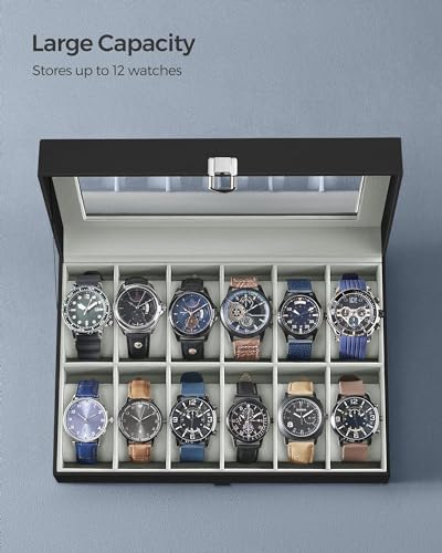 SONGMICS Watch Box, 12-Slot Watch Case with Large Glass Lid, Removable Watch Pillows, Watch Box Organizer, Christmas Gift , Black Synthetic Leather, Gray Lining UJWB12BK