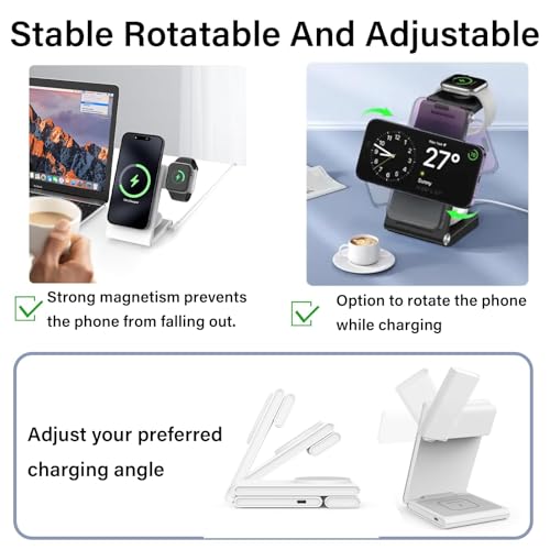 3 in 1 Magnetic Wireless Charging Stand for iPhone,Fast Wireless Charging Station for iPhone 16 15 14 13 12 Pro/Pro Max/Plus/Mini,Wireless Charging Station for Apple Watch AirPods 4/3/2/Pro/2 (White)