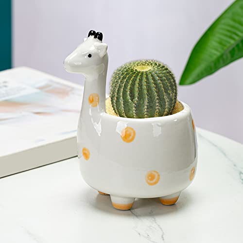 GeLive Giraffe Succulent Planter Indoor Tabletop Ceramic Plant Pot Kitty Ornament Animal Flower Decor Vase with Drainage Tray for Succulents or Mini Cactus