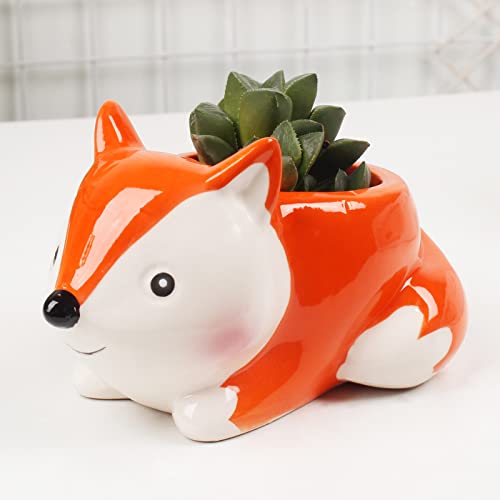 Mumutie Cartoon Fox Succulent Flower Pot, Ceramic Fox Shape Flower Pot, Cute Plant Decoration Flower Pot for Desk, Fun Plant Container, Home Desk Mini Animal Flower Pot Decoration