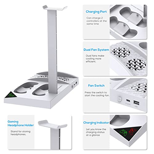 Cooling Fan with Charging Stand for Xbox Series S Console and Controller, Dual Charger Dock Accessories with 2 x 1400mAh Rechargeable Battery and Cover, Headphone Mount for Xbox Series S, White