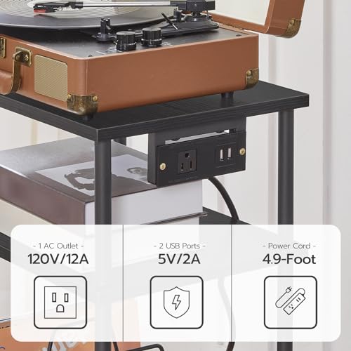 HOOBRO 3-Tier Record Player Stand, Vinyl Record Holder with Charging Station, Record Player Table with Storage Shelf, Turntable Stand for Music Room, Living Room, Bedroom, Black BB02URS01