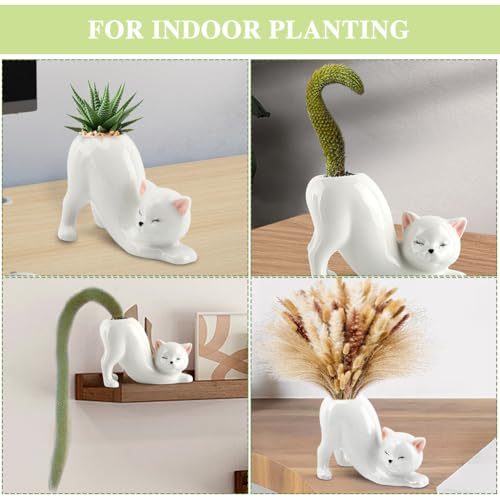 Ceramic Tailless Cat Succulent Pot, Cute Kitty Succulent Indoor Flower Pot, Novelty Cat Tail Planter Pot for Indoor Plants, Succulents, Flowers, Cactus, Mini Home Decor Planter