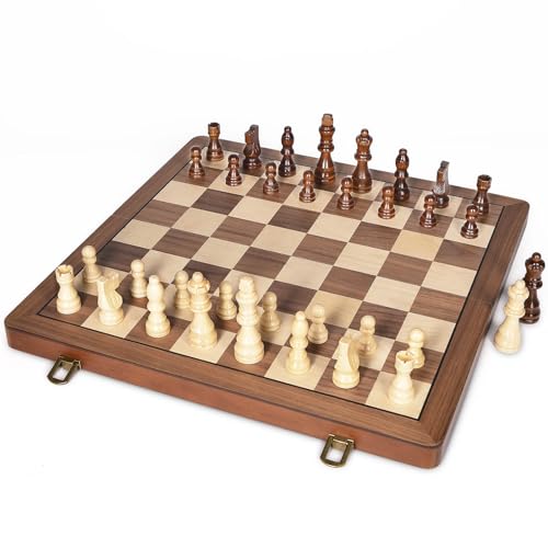 ELONGDI 15" Wooden Chess Set with Magnetic Pieces - Extra Queens - Folding Chessboard Portable Travel Tournament Chess Board Games for Adults Kids