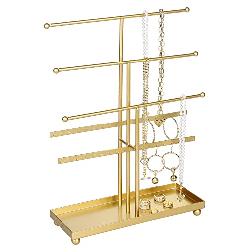 MyGift 5-Tier Gold Tabletop Metal Jewelry Necklace, Bracelet, Earring, Organizer with Ring Tray