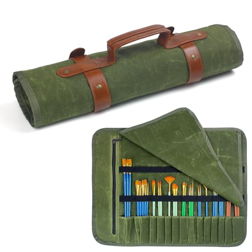 SANKOYO Paint Brush Organizer, Heavy Duty Waxed Canvas Paintbrush Holder Organizer, Watercolor Brush Holder, Paint Brush Storage, Protect Artist Paintbrushes, Pencils, Pens, Markers and Art Tools.