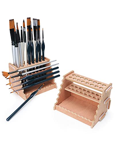 tinctor Wooden Paint Brush Holder for 44 Brushes - Desk Stand Paintbrush Organizer, Holding Rack for Pens, Paint Brushes, Colored Pencils, Markers