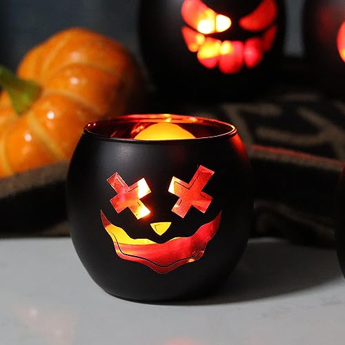 Black Halloween Table Centerpieces Candle Holders 6PCS, Jack O Lantern Tealight Votive Candle Holders, Indoor Halloween Decorations for Mantel Coffe Table Decor