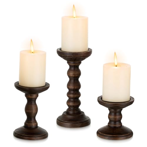 Romadedi Wood Candle Holders for Pillar - Set of 3 Tall Rustic Vintage Wooden Candlestick Holder, Farmhouse Candle Stand for Fireplace Mantle Shelf Table Retro Home Decor, Dark Brown, 3.9"/6"/ 8.3"