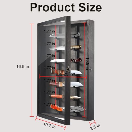 Triceratops Knife Display Case with Lockable Clear Acrylic Door, Wall Mount Wooden Knife Display Stand, Pocket Knife Display Cases for Storage, Collection, Holds up to 7 Knifes (Black), Large