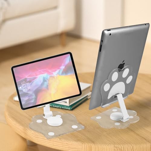 XIYIASUN Cat Paw Acrylic Tablet Stand for Desk,Multi-Angle Adjustable Clear Tablet Holde，360° Rotating Mobile Tablet Stand for Desk Home Office, Compatible