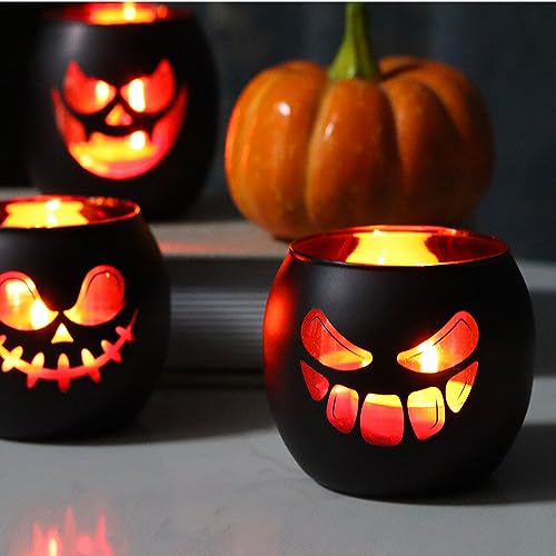 Black Halloween Table Centerpieces Candle Holders 6PCS, Jack O Lantern Tealight Votive Candle Holders, Indoor Halloween Decorations for Mantel Coffe Table Decor