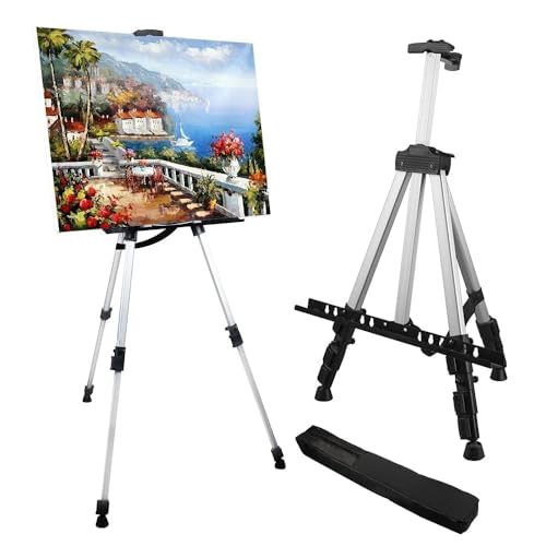 Art Painting Artist Easel Stand,Display Sign,Aluminum Metal Tripod Adjustable portable Easels for Painting Canvases Height From 17 To 66 Inch,Carry Bag For Table-Top/Floor Drawing and Displaying-White