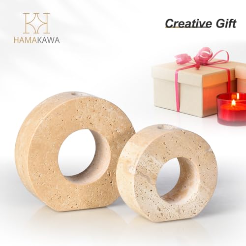 HAMAKAWA Marble Candle Holders Set of 2, Natural Beige Travertine Stone Candlestick Holders fit Φ0.75 Inch Taper Candle, Candle Stand Decor for Home, Dinner, Party, Wedding