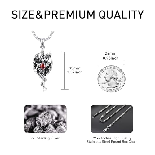 CEKAMA Cross Sword Dragon Necklace Men's Gothic Sterling Silver Medieval Mythic Retro Hovering Dragon Totem Pendant Silver Warrior Jewelry Gifts for Men Father