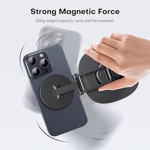 OMOTON 360°Rotating Magnetic Phone Stand for Desk, Adjustable Foldable Aluminum for MagSafe Phone Stand, Non-Slip Base Cell Phone Holder for iPhone 16/15/14/13/12 Pro Max/MagSafe Case- Black