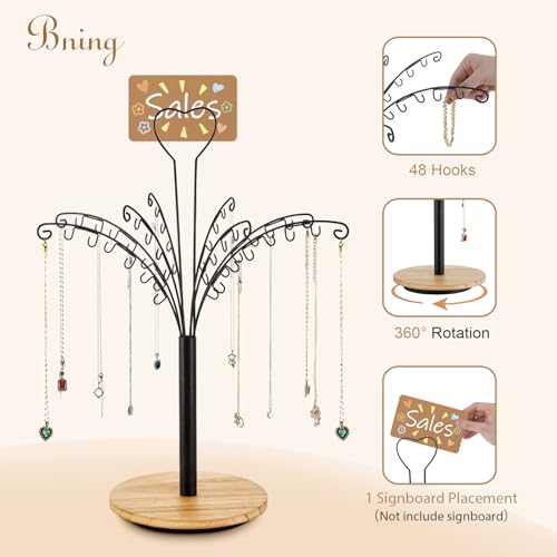 BNING Necklace Holder, Rotating Necklace Display Stand 48 Hooks for Long Necklaces Organizer, Bracelets Holder Keychains Display - Large Capacity Jewelry Necklace Display for Vendors Selling