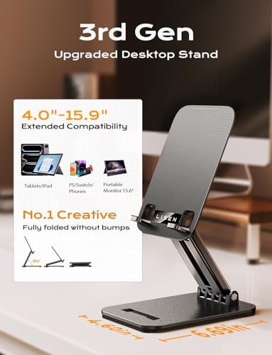 LISEN Tablet Stand for iPad Stand Holder Desk, Foldable iPad Pro Holder Portable Monitor Stand Travel Accessories, Home Office Desk Accessories for Men Gifts 2024 iPad Tab Kindle iPhone 4-15.9" Black