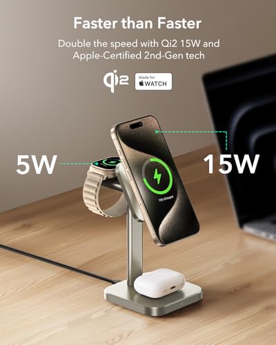 ESR Qi2 3 in 1 Wireless Charging Station, [Certified] Apple Watch Charger&15W Qi2 MagSafe Charger Stand for iPhone, Wireless Charger for Multiple Devices iPhone 15/14/13&Watch&AirPods,Natural Titanium