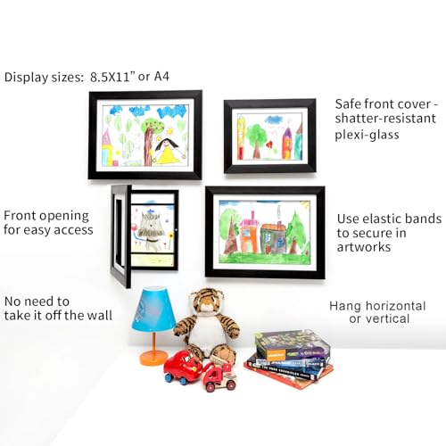 Q.Hou Kids Artwork Frames Changeable Wood 2 Pack Display 8.5x11, Kids Art Frames Front Opening Holds 50, Black, Great for Kids Drawings, Children Art Projects, Schoolwork -QH-KF2012BK-10125(2PK)