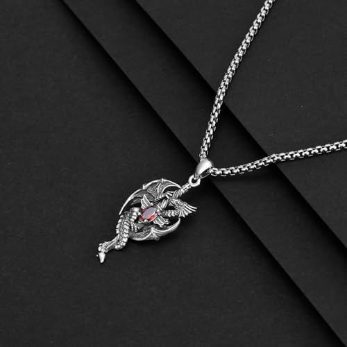 CEKAMA Cross Sword Dragon Necklace Men's Gothic Sterling Silver Medieval Mythic Retro Hovering Dragon Totem Pendant Silver Warrior Jewelry Gifts for Men Father