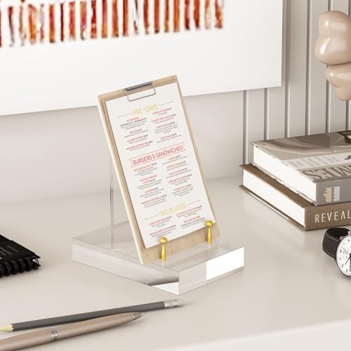 UoYeet Acrylic Easel Display Stand with Adjustable Gold-Toned Hardware for Pictures, Crystal Clear Acrylic Stand with Floating Appearance for Cookbook, Invitation and Plates