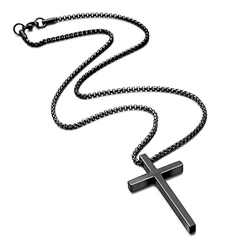 M MOOHAM Cross Necklace for Boys Men, Gifts for Teen Teenage Boys, Black Stainless Steel Cross Pendant Necklace for Men Box Chain 20 Inch