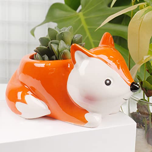 Mumutie Cartoon Fox Succulent Flower Pot, Ceramic Fox Shape Flower Pot, Cute Plant Decoration Flower Pot for Desk, Fun Plant Container, Home Desk Mini Animal Flower Pot Decoration