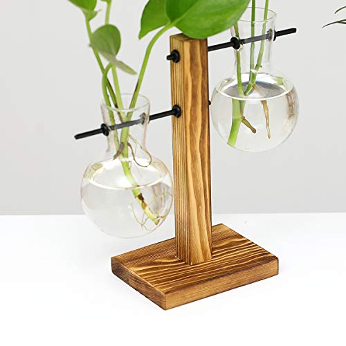 UWIOFF 2 Pack Plant Terrarium with Wooden Stand Air Planter Bulb Glass Vase Propogation Station for Hydroponics Plants Home Garden Office Decoration (3 Bulb Vase)