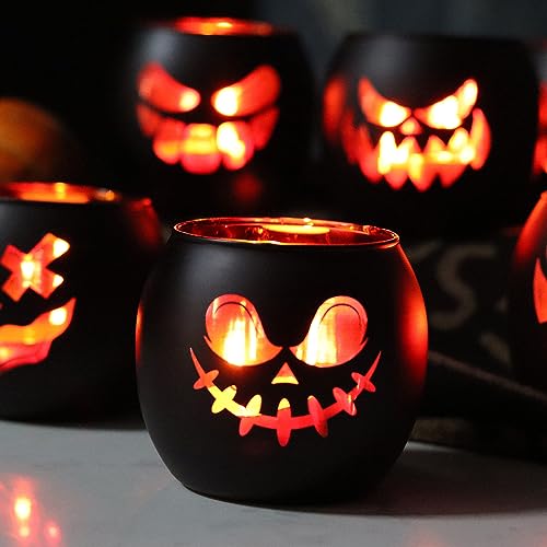 Black Halloween Table Centerpieces Candle Holders 6PCS, Jack O Lantern Tealight Votive Candle Holders, Indoor Halloween Decorations for Mantel Coffe Table Decor